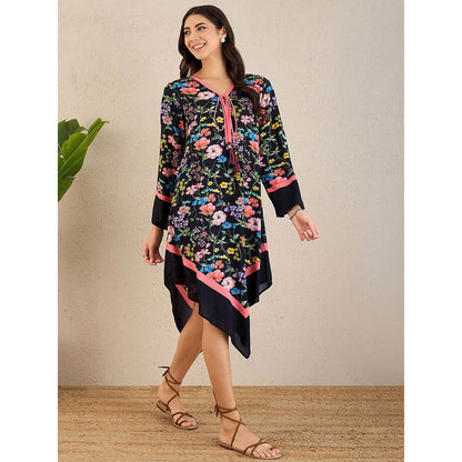 First Resort by Ramola Bachchan Black Flower Printed A-Lined Tunic Dress