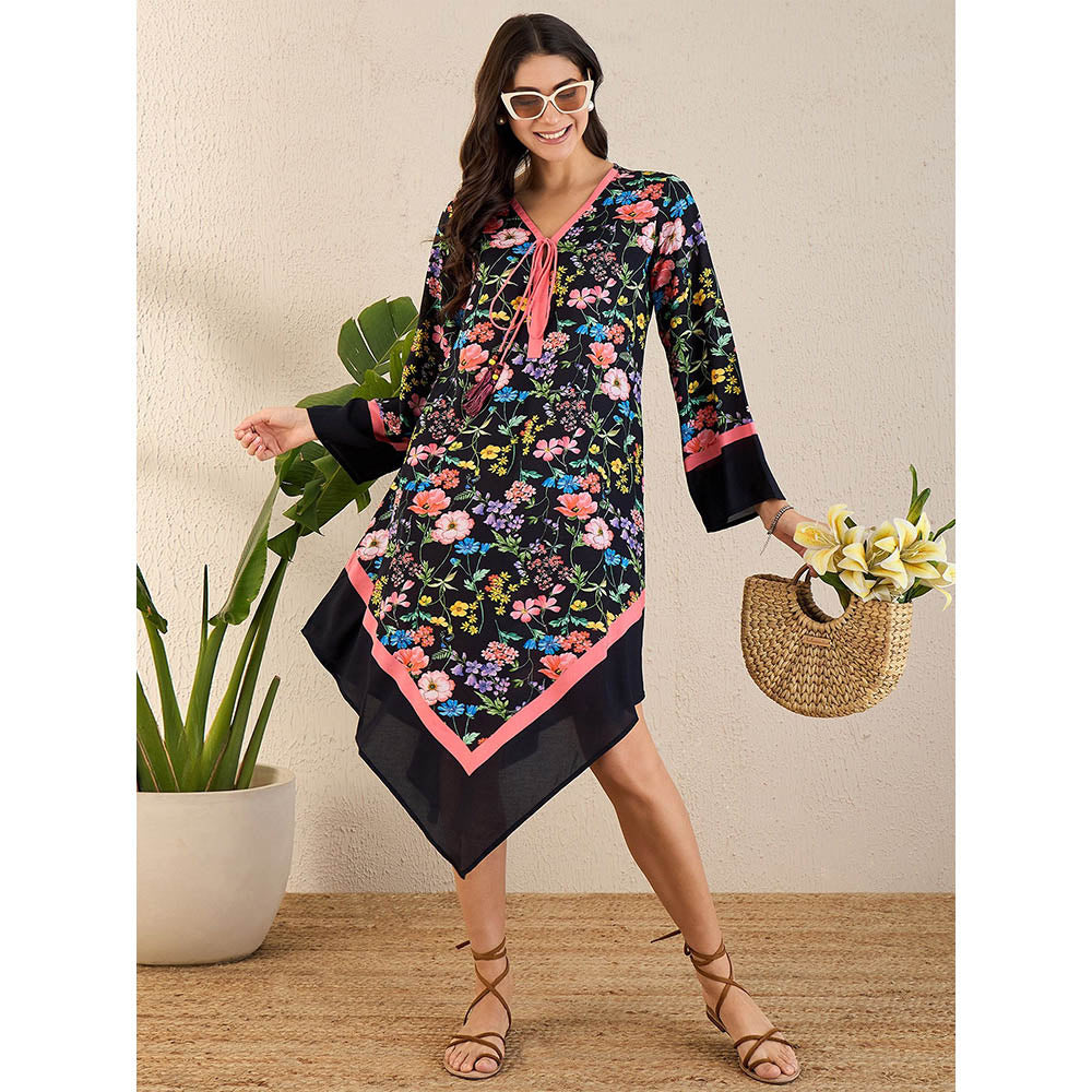 First Resort by Ramola Bachchan Black Flower Printed A-Lined Tunic Dress