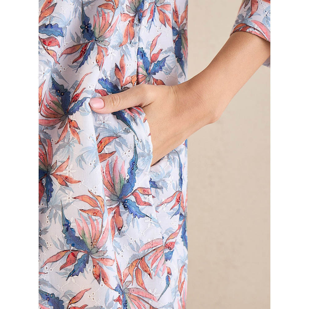 First Resort by Ramola Bachchan White Botanical Print Schiffli Dress