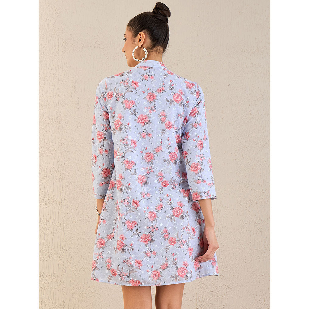 First Resort by Ramola Bachchan Ice Blue Floral Print Schiffli Dress