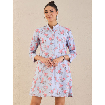 First Resort by Ramola Bachchan Ice Blue Floral Print Schiffli Dress