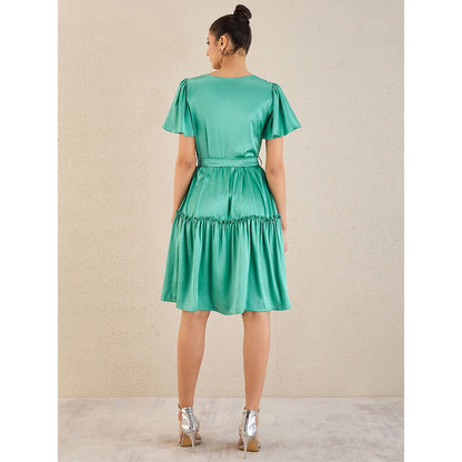 First Resort by Ramola Bachchan Turquoise Cowl Neck Satin Dress with Belt (Set of 2)