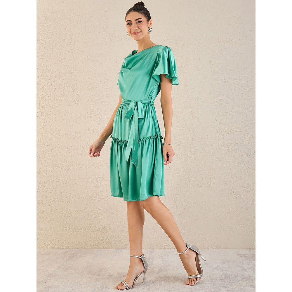 First Resort by Ramola Bachchan Turquoise Cowl Neck Satin Dress with Belt (Set of 2)