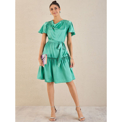 First Resort by Ramola Bachchan Turquoise Cowl Neck Satin Dress with Belt (Set of 2)