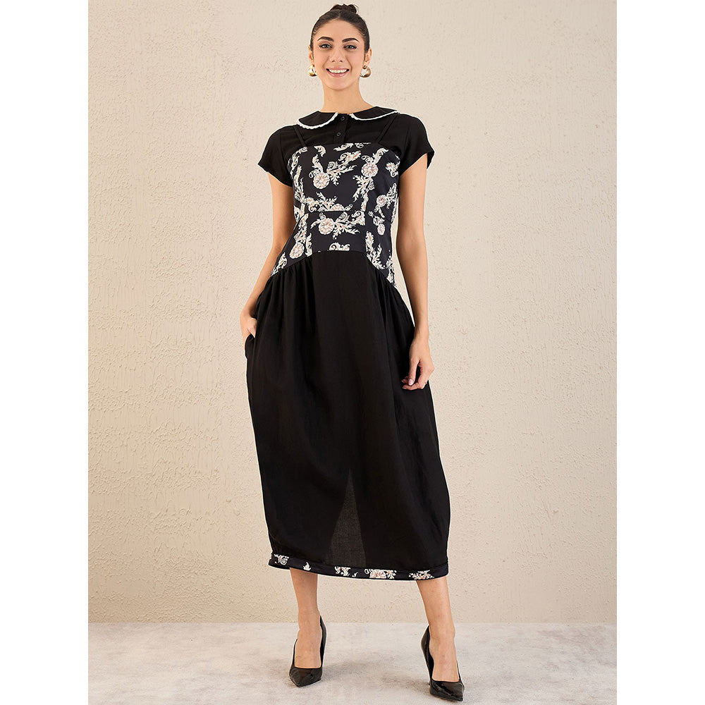 First Resort by Ramola Bachchan Black Baroque Print Linen Midi Dress with Top (Set of 2)