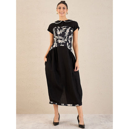First Resort by Ramola Bachchan Black Baroque Print Linen Midi Dress with Top (Set of 2)