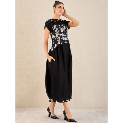 First Resort by Ramola Bachchan Black Baroque Print Linen Midi Dress with Top (Set of 2)