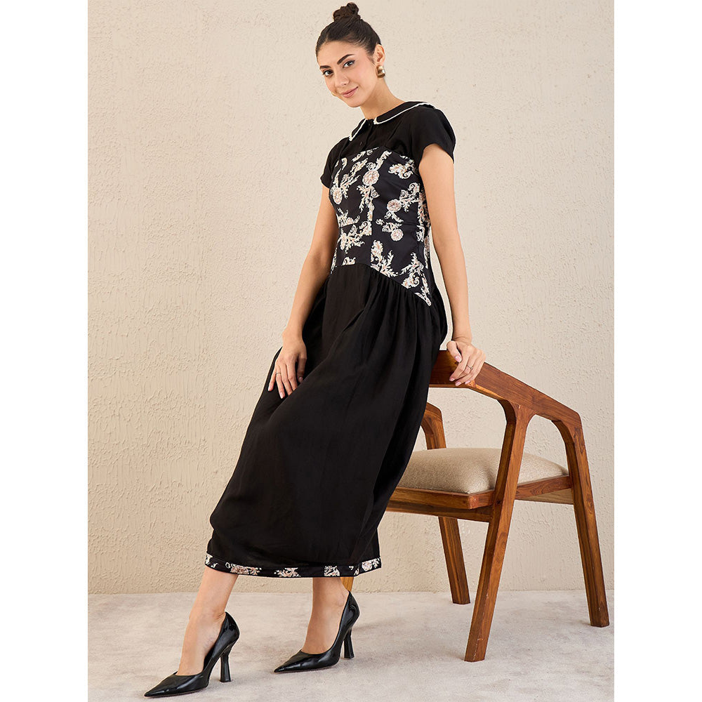 First Resort by Ramola Bachchan Black Baroque Print Linen Midi Dress with Top (Set of 2)