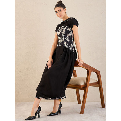 First Resort by Ramola Bachchan Black Baroque Print Linen Midi Dress with Top (Set of 2)