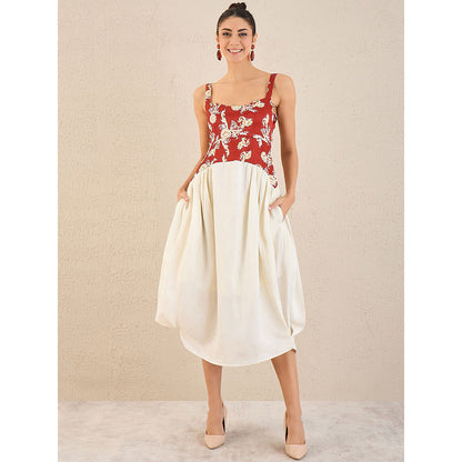 First Resort by Ramola Bachchan Off-White Baroque Print Linen Midi Dress