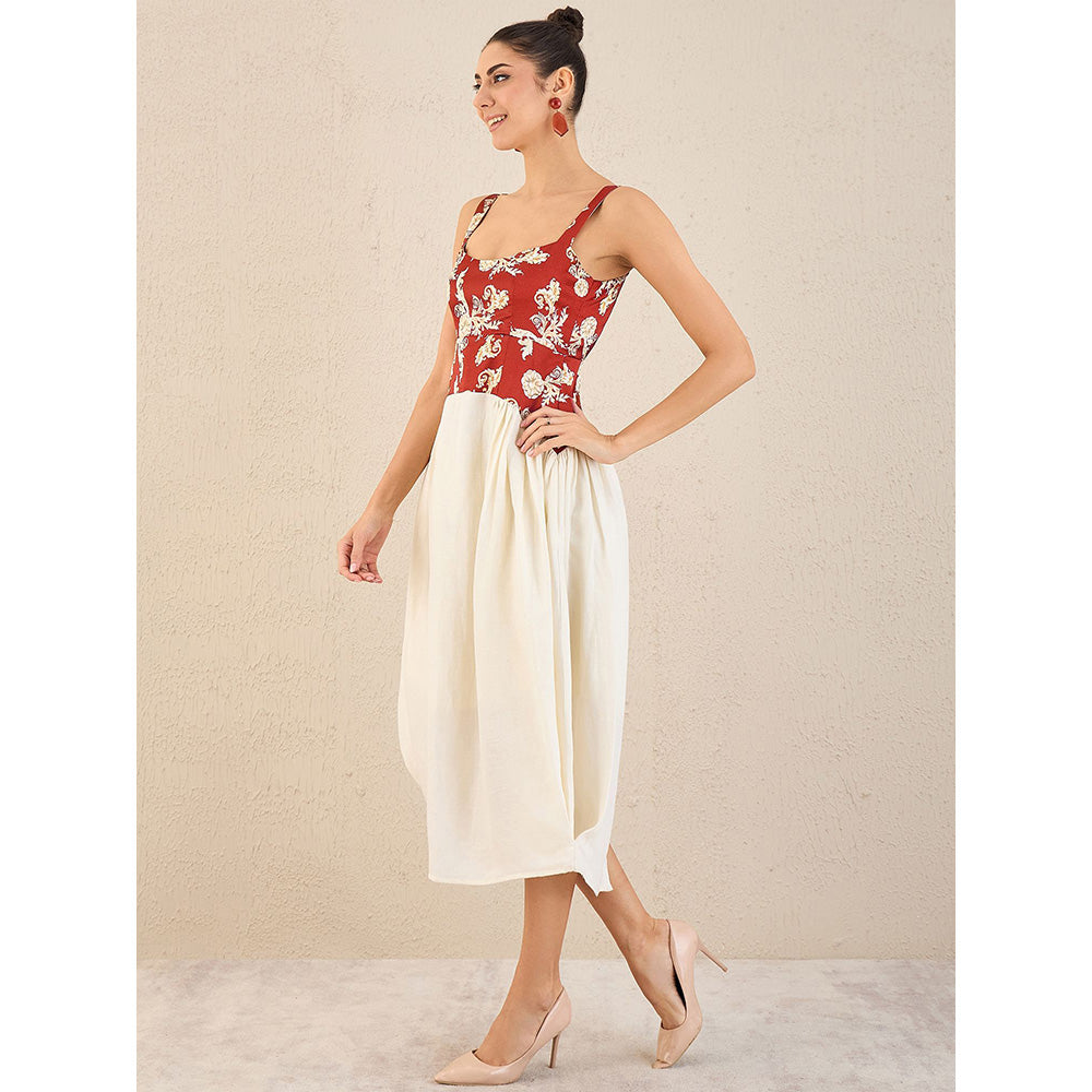 First Resort by Ramola Bachchan Off-White Baroque Print Linen Midi Dress