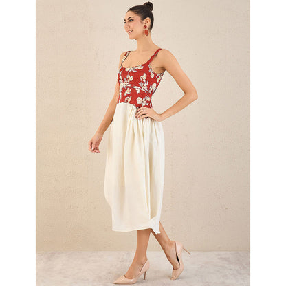 First Resort by Ramola Bachchan Off-White Baroque Print Linen Midi Dress