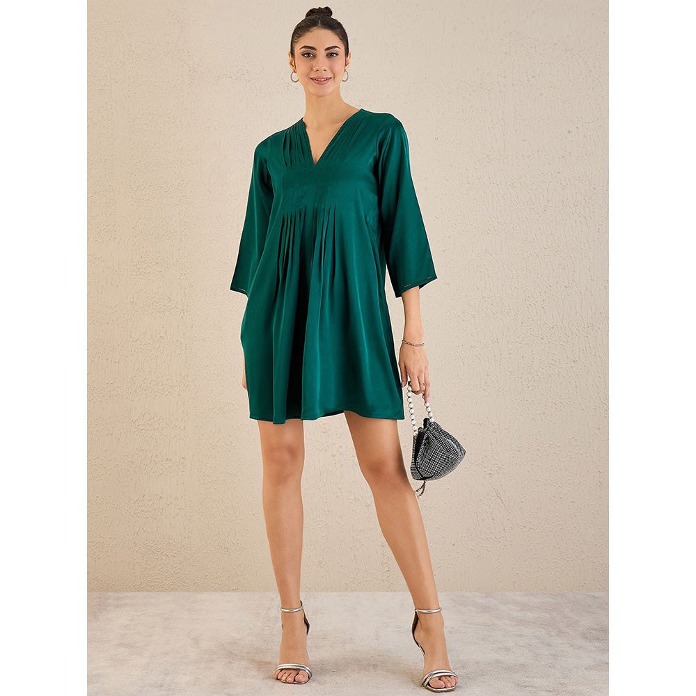First Resort by Ramola Bachchan Green Crystal Embellished Satin Dress with Pleats