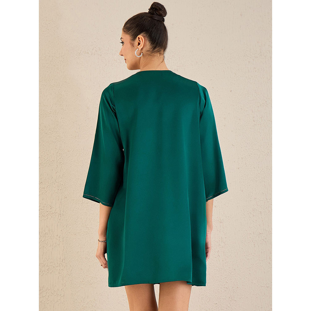 First Resort by Ramola Bachchan Green Crystal Embellished Satin Dress with Pleats