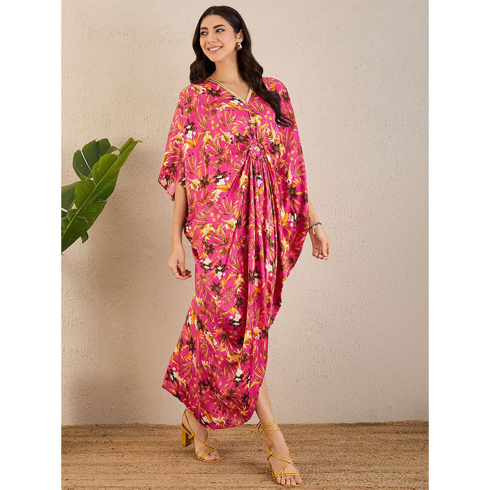First Resort by Ramola Bachchan Pink and Bronze Floral Full Length Kaftan Maxi Dress
