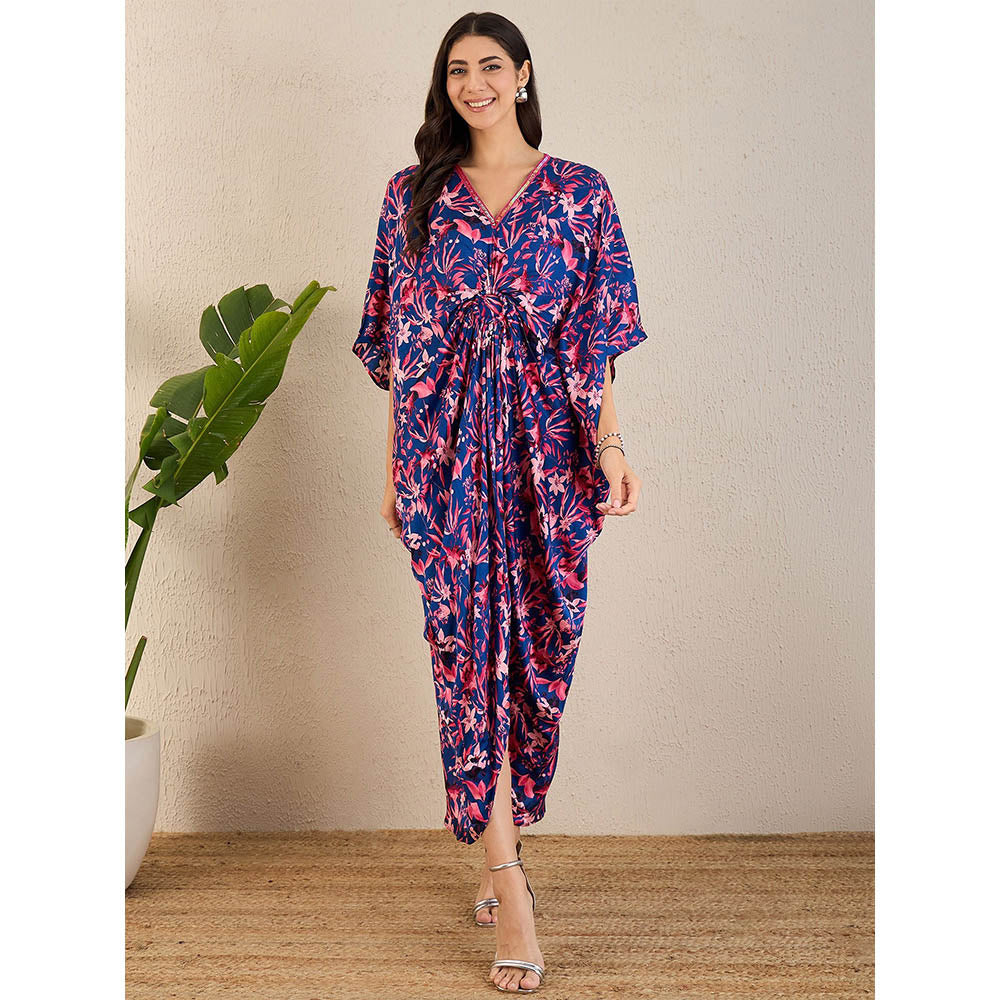 First Resort by Ramola Bachchan Midnight Blue and Scarlet Floral Full Length Kaftan Maxi Dress