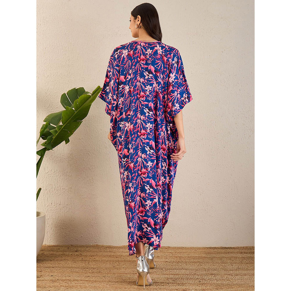 First Resort by Ramola Bachchan Midnight Blue and Scarlet Floral Full Length Kaftan Maxi Dress