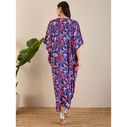 First Resort by Ramola Bachchan Midnight Blue and Scarlet Floral Full Length Kaftan Maxi Dress