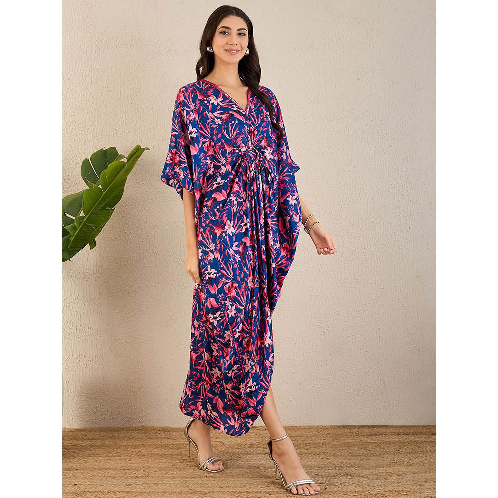First Resort by Ramola Bachchan Midnight Blue and Scarlet Floral Full Length Kaftan Maxi Dress