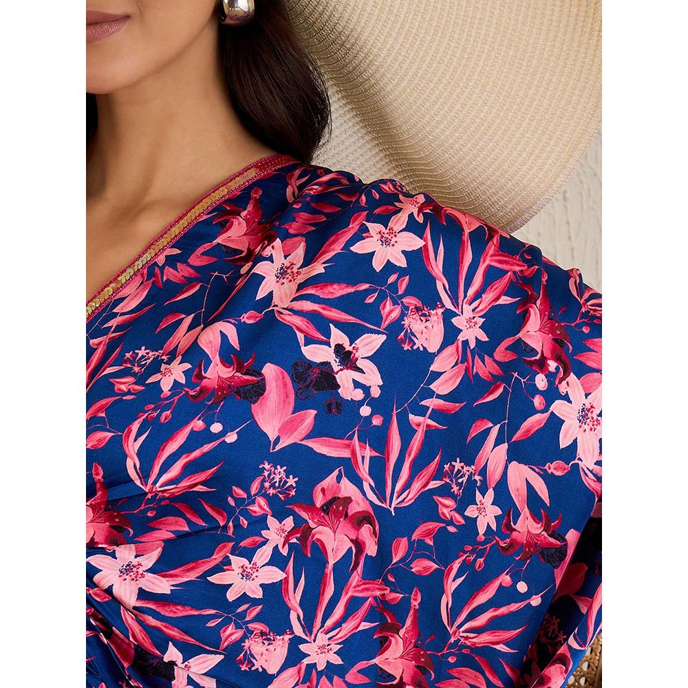First Resort by Ramola Bachchan Midnight Blue and Scarlet Floral Full Length Kaftan Maxi Dress