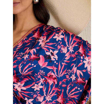 First Resort by Ramola Bachchan Midnight Blue and Scarlet Floral Full Length Kaftan Maxi Dress