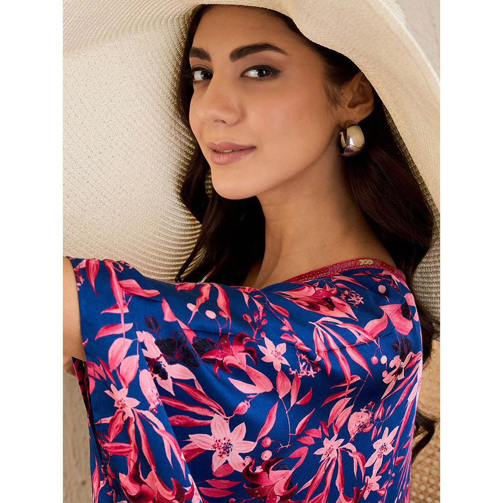 First Resort by Ramola Bachchan Midnight Blue and Scarlet Floral Full Length Kaftan Maxi Dress