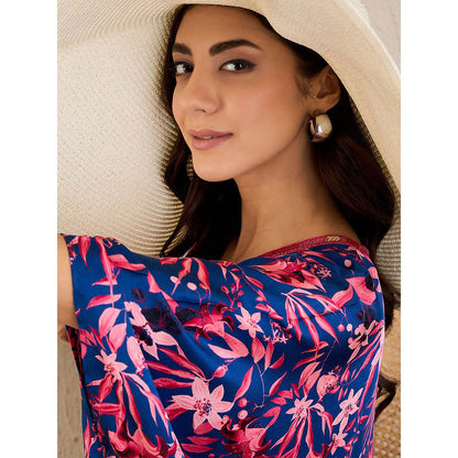 First Resort by Ramola Bachchan Midnight Blue and Scarlet Floral Full Length Kaftan Maxi Dress