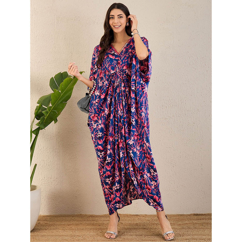 First Resort by Ramola Bachchan Midnight Blue and Scarlet Floral Full Length Kaftan Maxi Dress