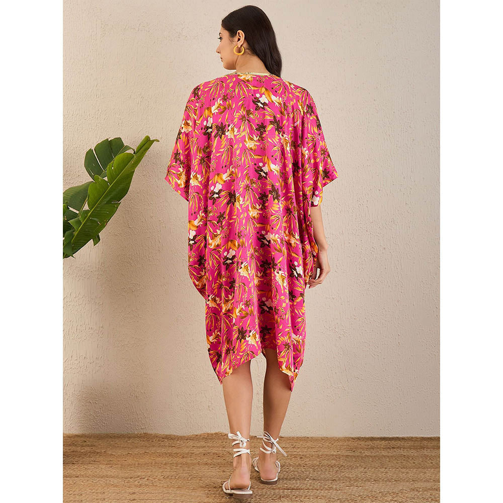 First Resort by Ramola Bachchan Pink Floral Mid Length Kaftan Midi Dress
