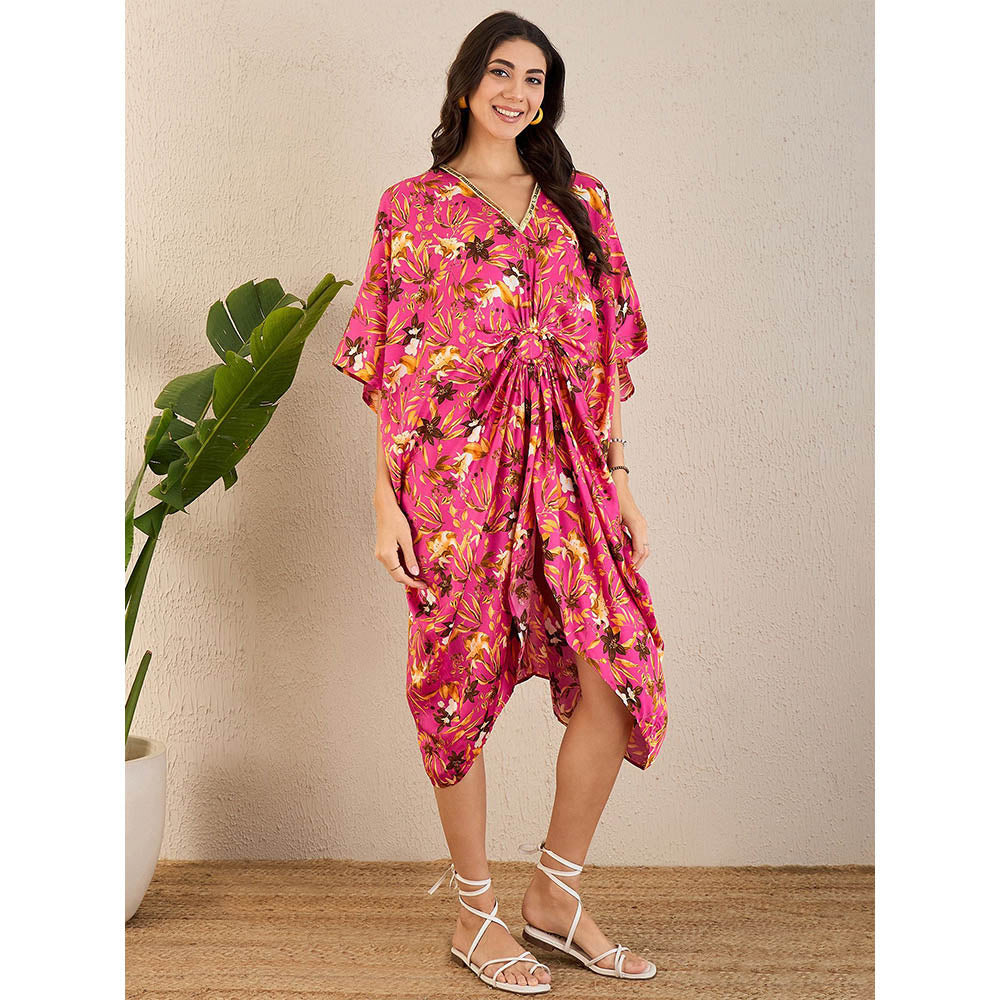 First Resort by Ramola Bachchan Pink Floral Mid Length Kaftan Midi Dress