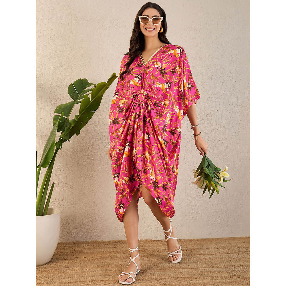First Resort by Ramola Bachchan Pink Floral Mid Length Kaftan Midi Dress