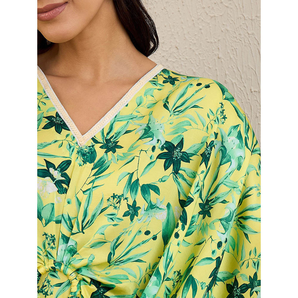 First Resort by Ramola Bachchan Lime Green Floral Mid Length Kaftan Midi Dress