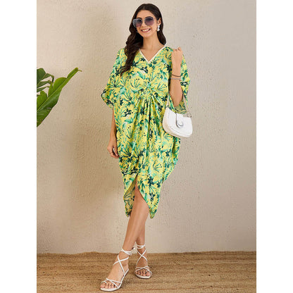 First Resort by Ramola Bachchan Lime Green Floral Mid Length Kaftan Midi Dress