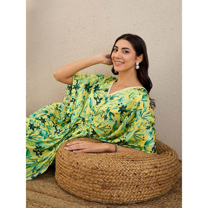 First Resort by Ramola Bachchan Lime Green Floral Mid Length Kaftan Midi Dress