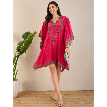 First Resort by Ramola Bachchan Hot Pink Pearl Embellished Kaftan Knee Length Dress