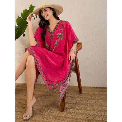 First Resort by Ramola Bachchan Hot Pink Pearl Embellished Kaftan Knee Length Dress