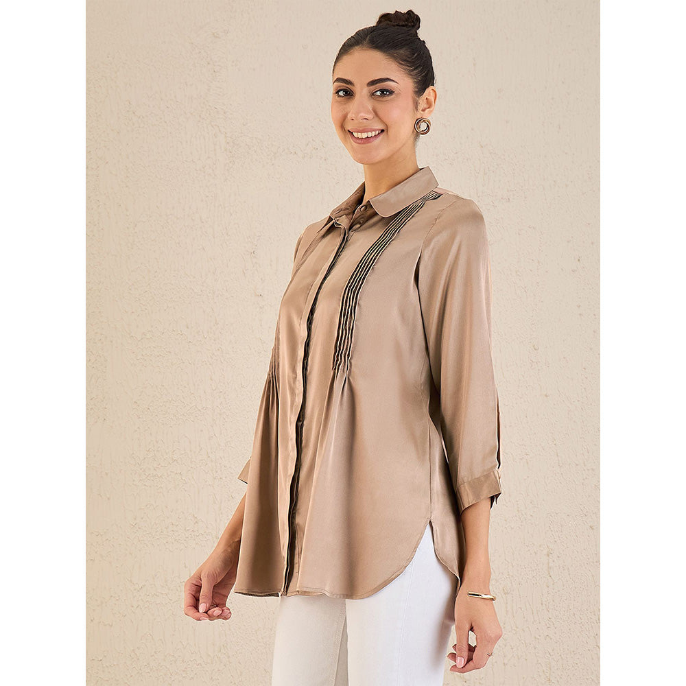 First Resort by Ramola Bachchan Hazel Brown Pintucked Satin Shirt