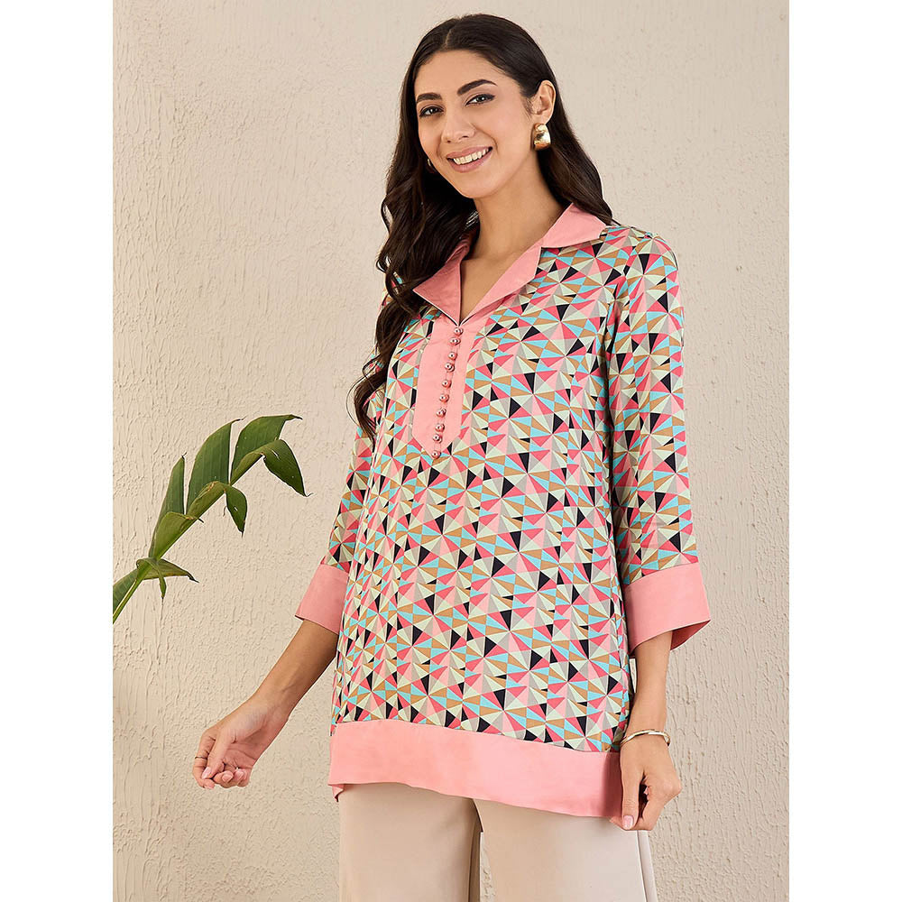 First Resort by Ramola Bachchan Rose Pink and Cyan Geometric Print Top
