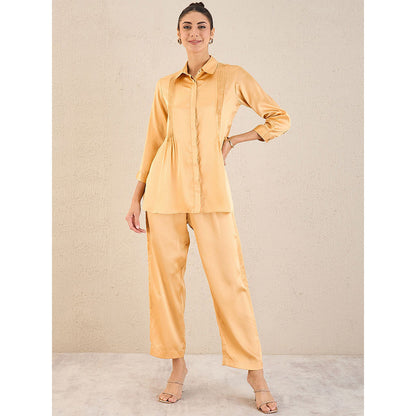 First Resort by Ramola Bachchan Golden Pintucked Satin Co-Ord (Set of 2)