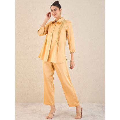 First Resort by Ramola Bachchan Golden Pintucked Satin Co-Ord (Set of 2)