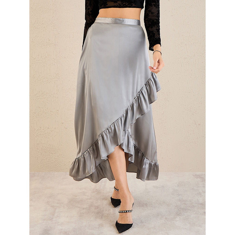 First Resort by Ramola Bachchan Grey Satin Frill Midi Skirt