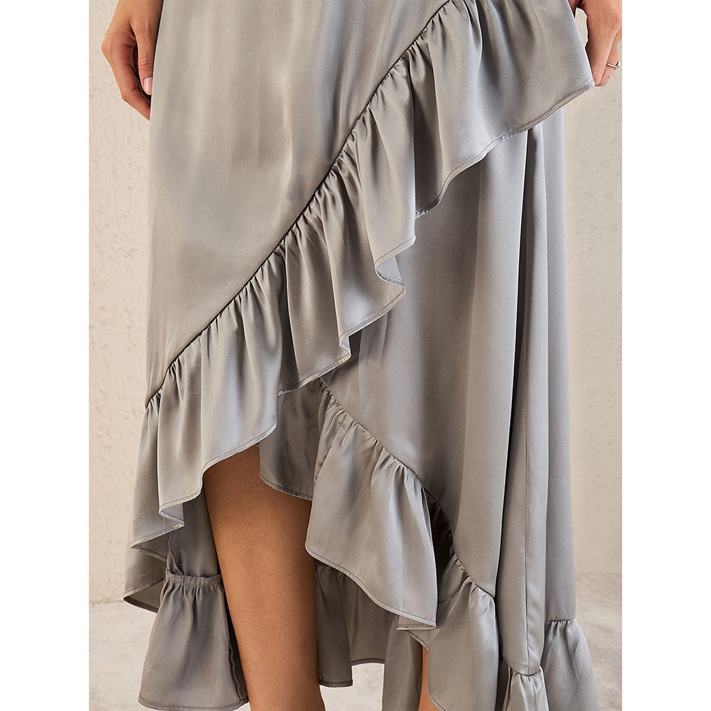 First Resort by Ramola Bachchan Grey Satin Frill Midi Skirt