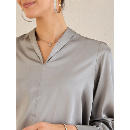 First Resort by Ramola Bachchan Grey Shawl Collar Satin Top