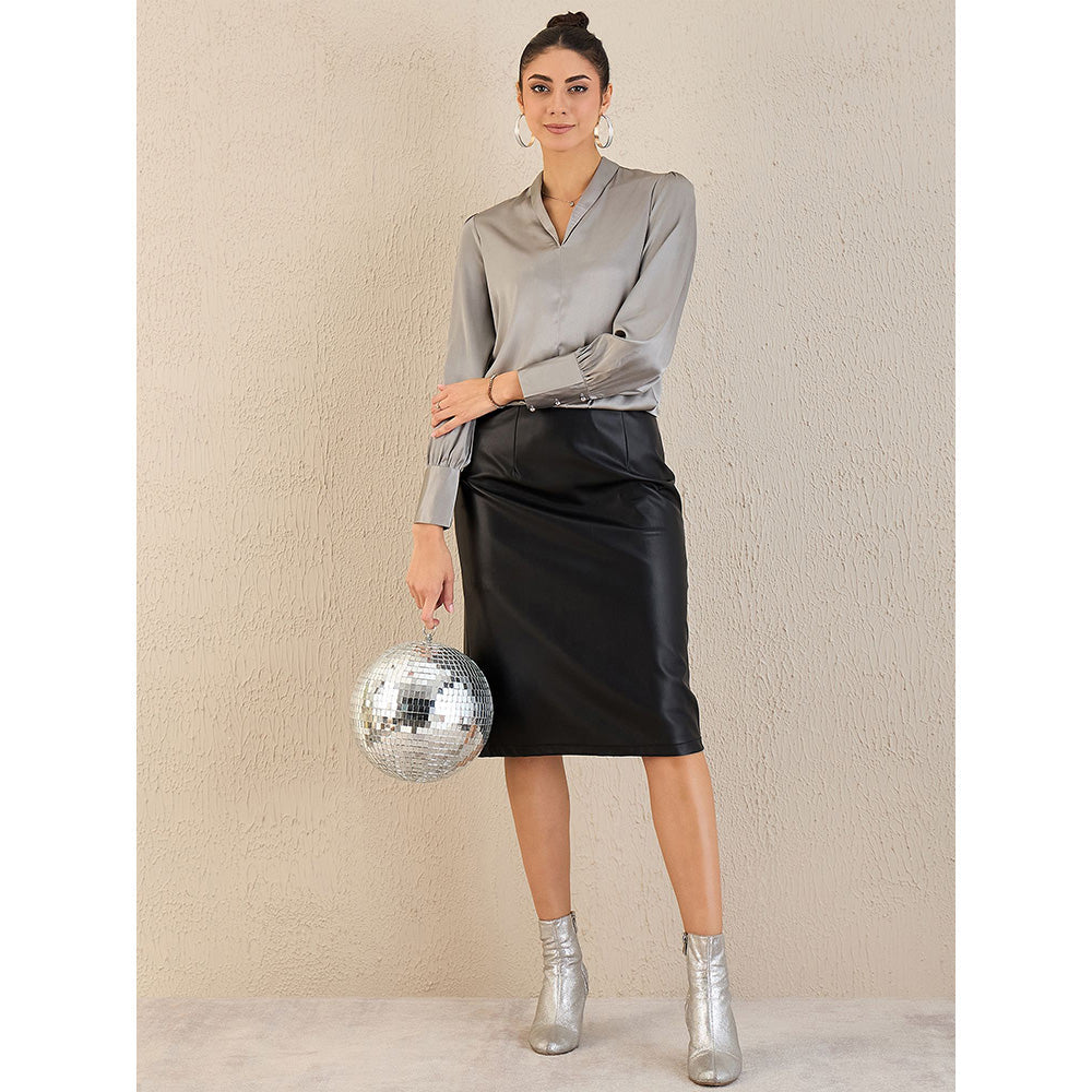 First Resort by Ramola Bachchan Grey Shawl Collar Satin Top