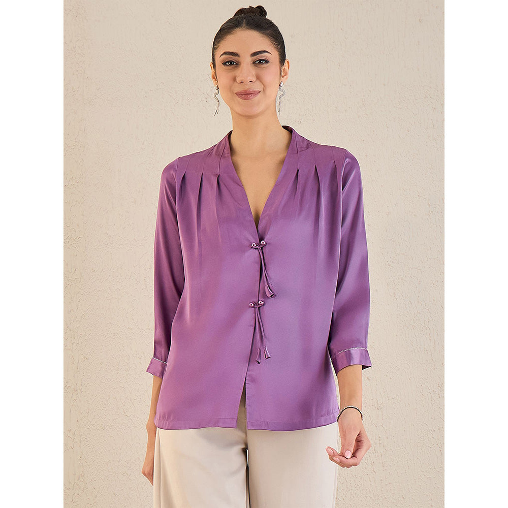 First Resort by Ramola Bachchan Purple Crystal Embellished Satin Top With Bow Detail