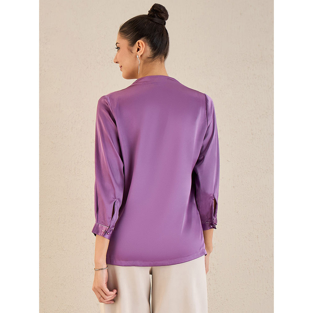 First Resort by Ramola Bachchan Purple Crystal Embellished Satin Top With Bow Detail