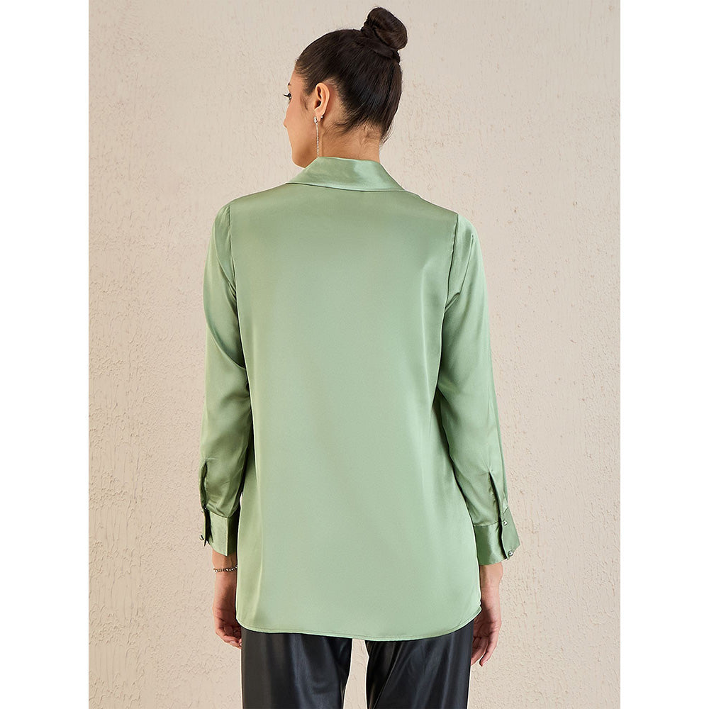 First Resort by Ramola Bachchan Tea Green Shawl Collar Satin Top