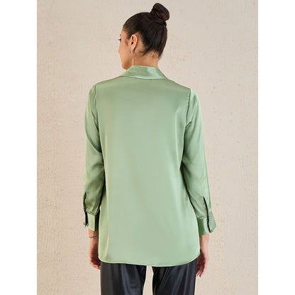 First Resort by Ramola Bachchan Tea Green Shawl Collar Satin Top