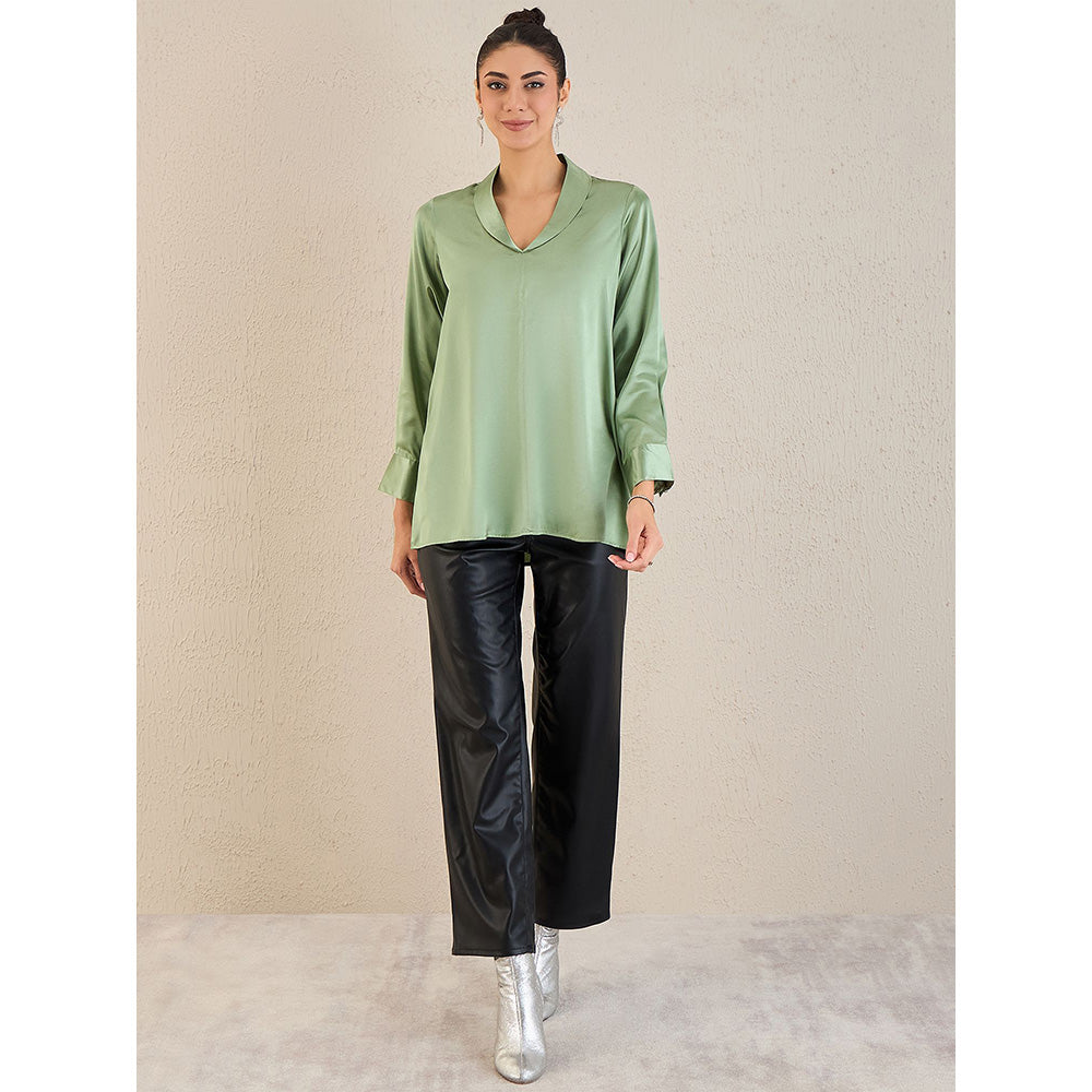 First Resort by Ramola Bachchan Tea Green Shawl Collar Satin Top