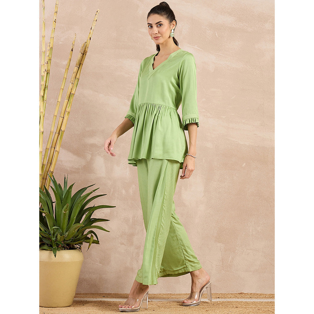 First Resort by Ramola Bachchan Pastel Green V-Neck Peplum Top with Flared Trouser (Set of 2)